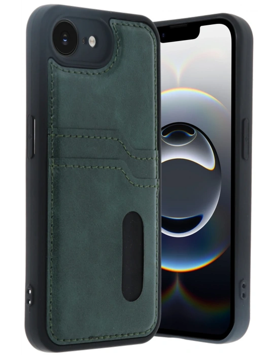 Newface iPhone 16E Kılıf Sara Kartvizitli Deri Kılıf - Koyu Yeşil