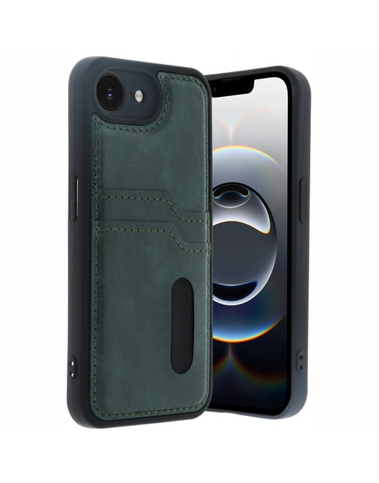 Newface iPhone 16E Kılıf Sara Kartvizitli Deri Kılıf - Koyu Yeşil