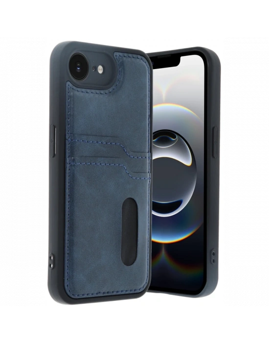 Newface iPhone 16E Kılıf Sara Kartvizitli Deri Kılıf - Lacivert