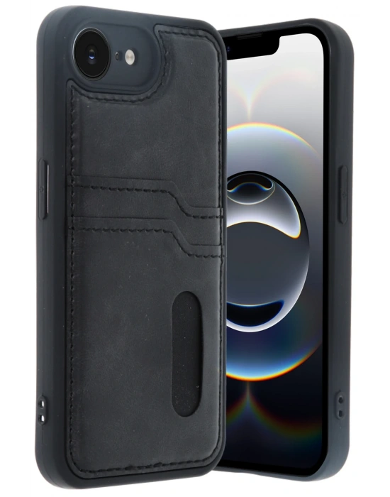 Newface iPhone 16E Kılıf Sara Kartvizitli Deri Kılıf - Siyah