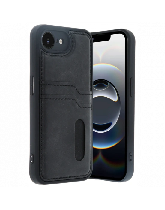 Newface iPhone 16E Kılıf Sara Kartvizitli Deri Kılıf - Siyah