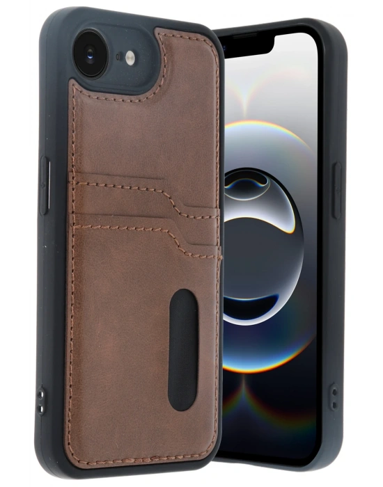 Newface iPhone 16E Kılıf Sara Kartvizitli Deri Kılıf - Taba