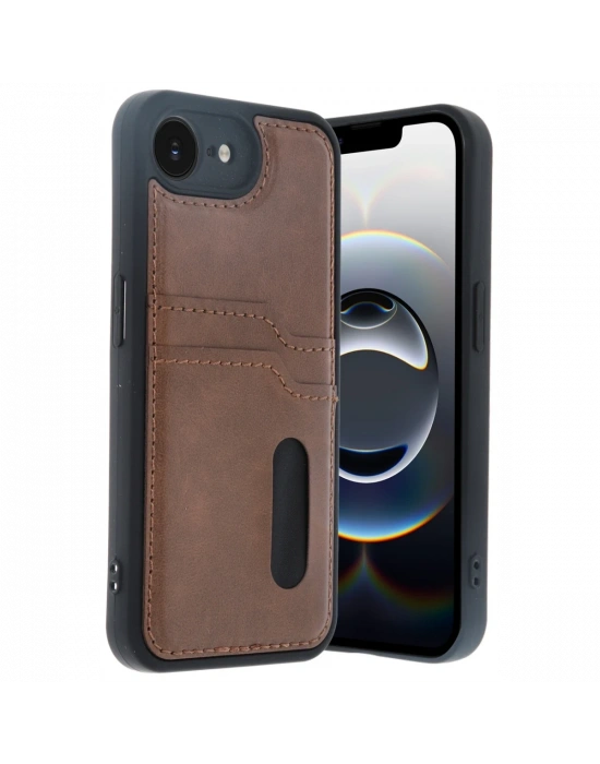 Newface iPhone 16E Kılıf Sara Kartvizitli Deri Kılıf - Taba