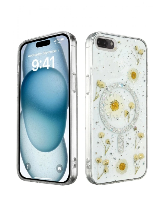 Newface iPhone 7 Plus Kılıf Daisy Simli Magsafe Kapak - Gümüş