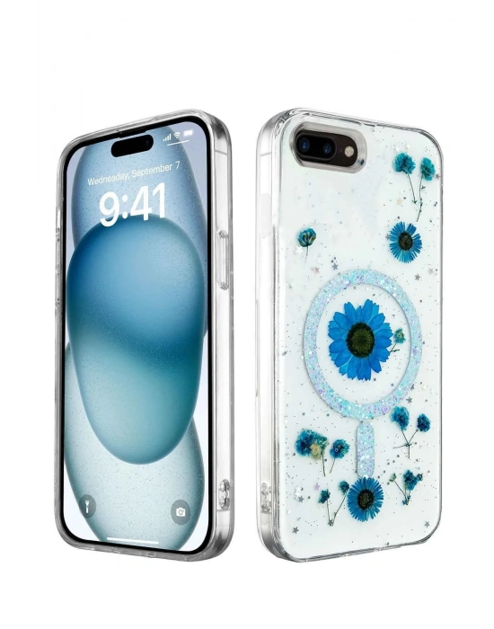 Newface iPhone 7 Plus Kılıf Daisy Simli Magsafe Kapak - Mavi