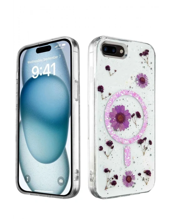 Newface iPhone 7 Plus Kılıf Daisy Simli Magsafe Kapak - Mor