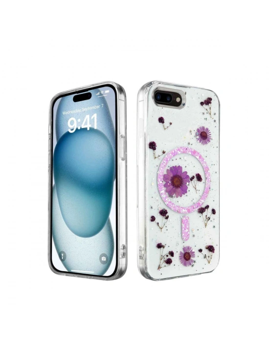 Newface iPhone 7 Plus Kılıf Daisy Simli Magsafe Kapak - Mor