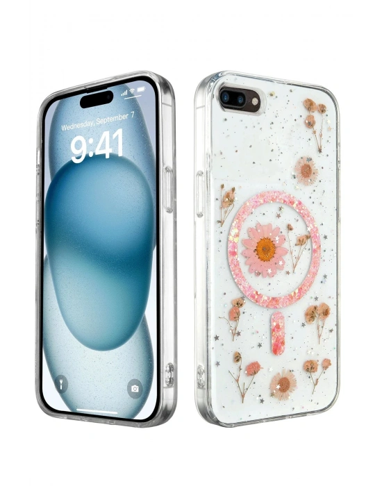 Newface iPhone 7 Plus Kılıf Daisy Simli Magsafe Kapak - Pembe