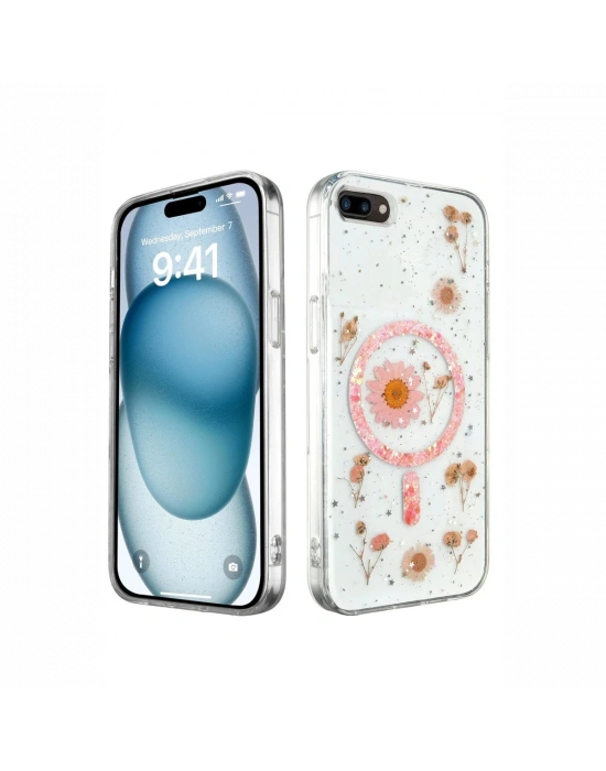 Newface iPhone 7 Plus Kılıf Daisy Simli Magsafe Kapak - Pembe