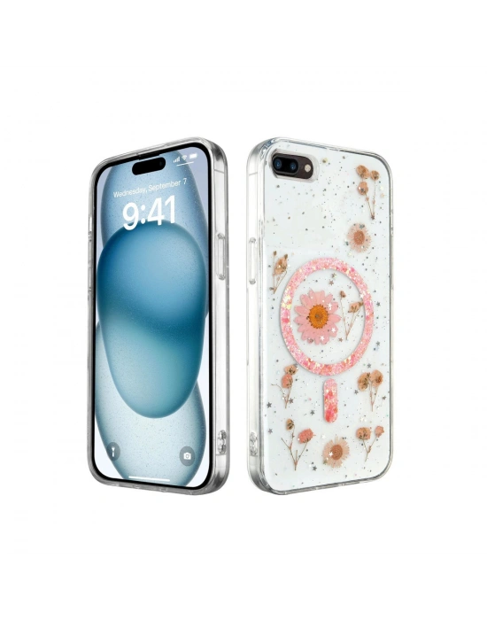 Newface iPhone 7 Plus Kılıf Daisy Simli Magsafe Kapak - Pembe