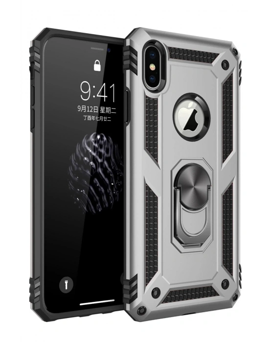 Newface iPhone X Kılıf Sofya Yüzüklü Silikon Kapak - Gümüş