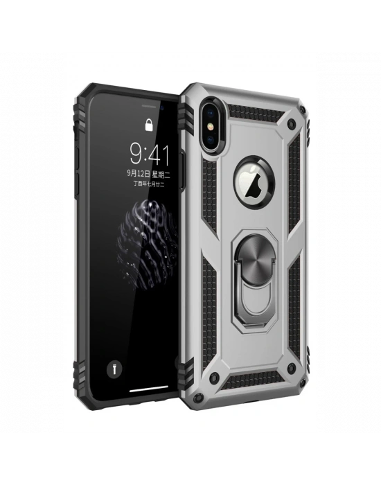 Newface iPhone X Kılıf Sofya Yüzüklü Silikon Kapak - Gümüş