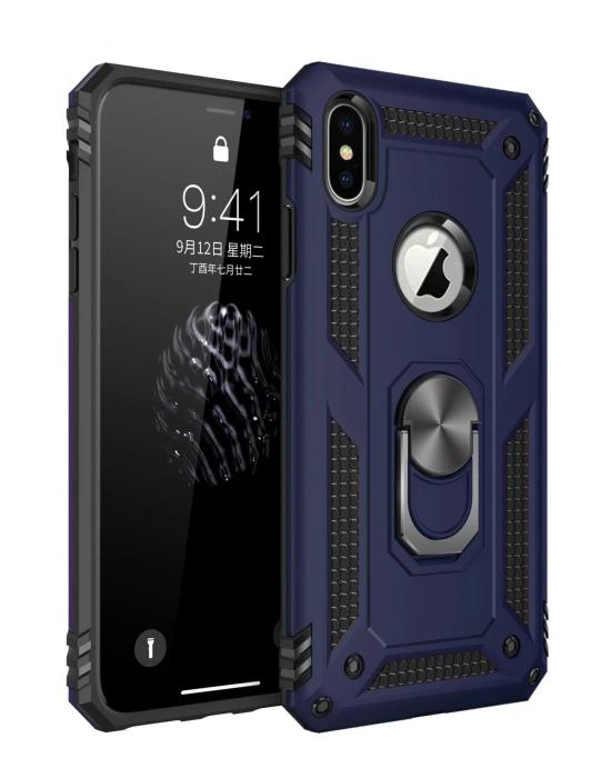 Newface iPhone X Kılıf Sofya Yüzüklü Silikon Kapak - Lacivert