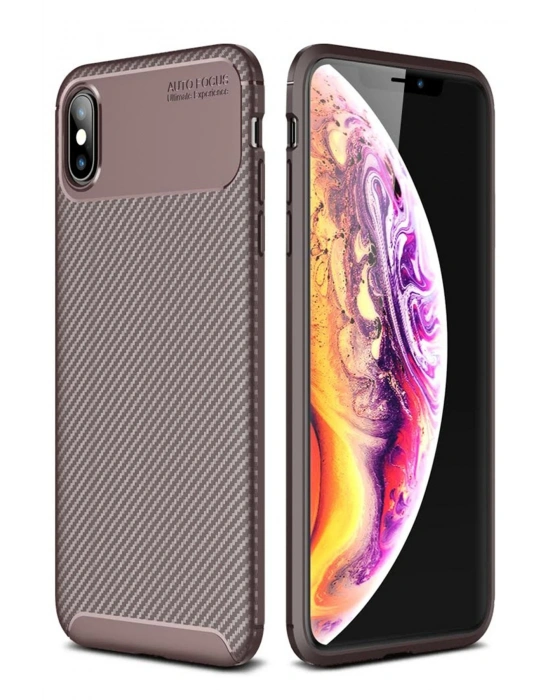 Newface iPhone XS Max Kılıf Auto Focus Karbon Kapak - Kahverengi