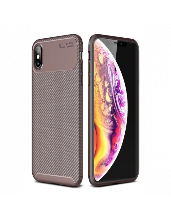 Newface iPhone XS Max Kılıf Auto Focus Karbon Kapak - Kahverengi