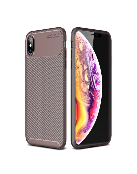 Newface iPhone XS Max Kılıf Auto Focus Karbon Kapak - Kahverengi
