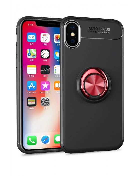 Newface iPhone XS Max Kılıf Range Yüzüklü Silikon - Siyah-Kırmızı