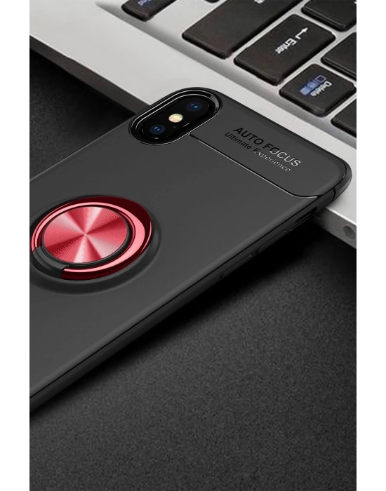Newface iPhone XS Max Kılıf Range Yüzüklü Silikon - Siyah-Kırmızı