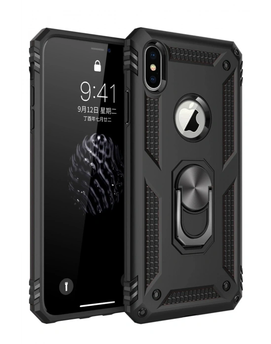 Newface iPhone XS Max Kılıf Sofya Yüzüklü Silikon Kapak - Siyah