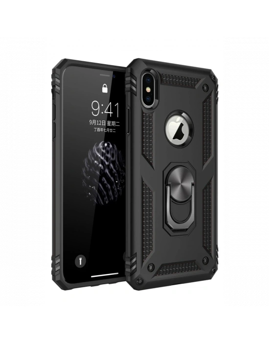 Newface iPhone XS Max Kılıf Sofya Yüzüklü Silikon Kapak - Siyah