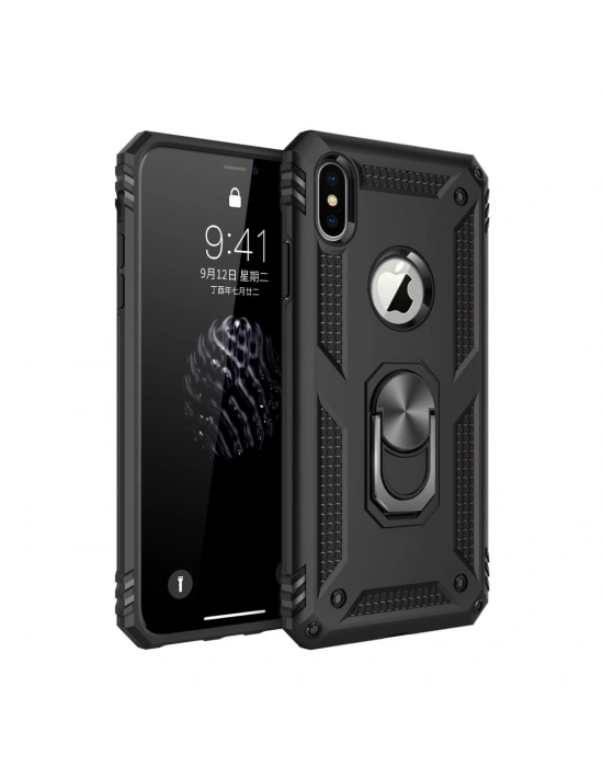 Newface iPhone XS Max Kılıf Sofya Yüzüklü Silikon Kapak - Siyah