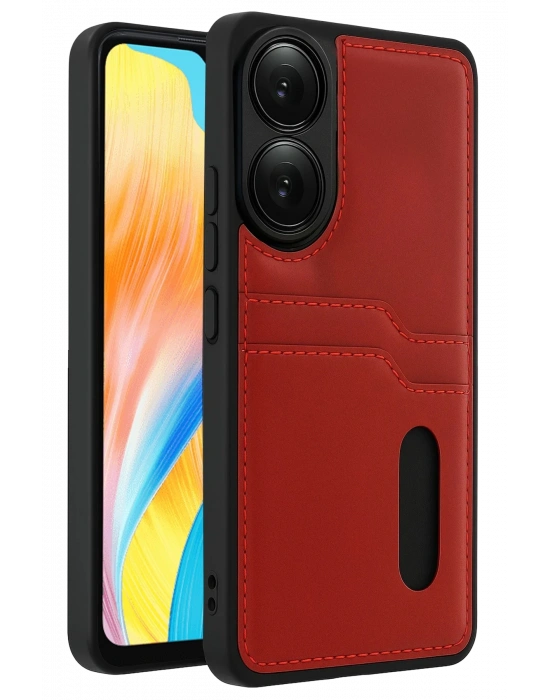 Newface Oppo A38 Sara Kartvizitli Deri Kılıf - Kırmızı