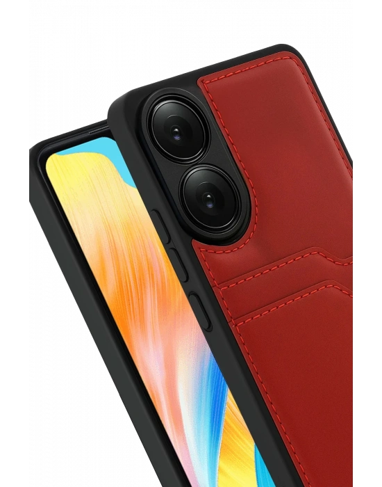 Newface Oppo A38 Sara Kartvizitli Deri Kılıf - Kırmızı