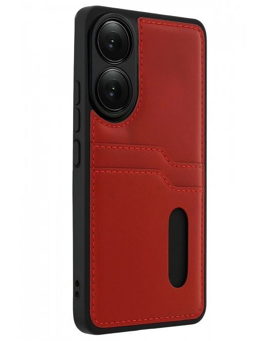 Newface Oppo A38 Sara Kartvizitli Deri Kılıf - Kırmızı