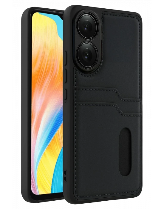 Newface Oppo A38 Sara Kartvizitli Deri Kılıf - Siyah