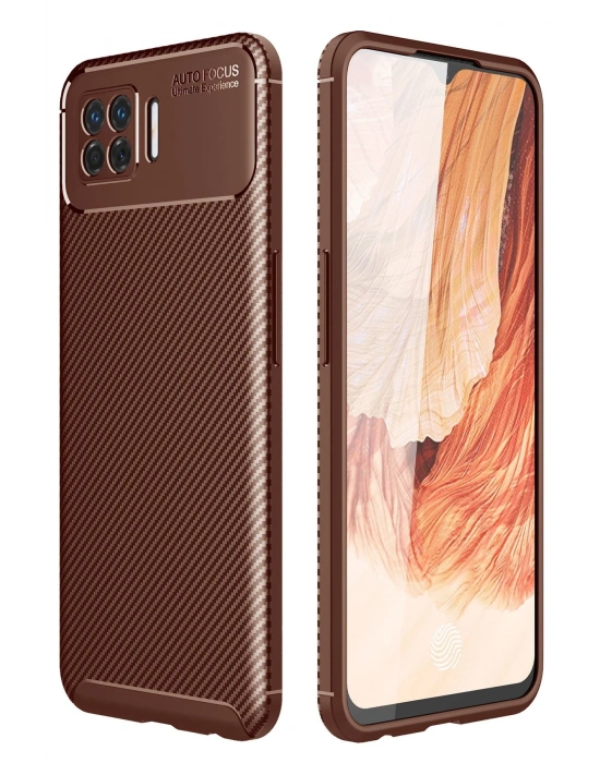 Newface Oppo A73 Kılıf Auto Focus Karbon Kapak - Kahverengi