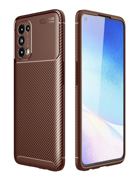 Newface Oppo Reno 5 Kılıf Auto Focus Karbon Kapak - Kahverengi