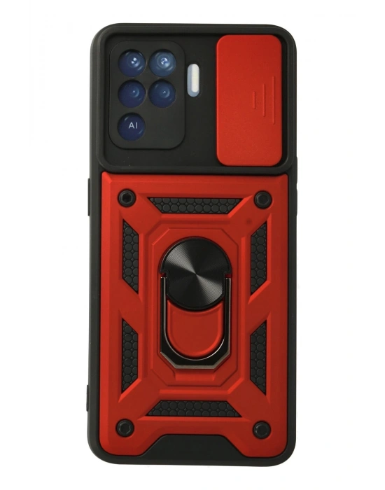 Newface Oppo Reno 5 Lite Kılıf Pars Lens Yüzüklü Silikon - Kırmızı