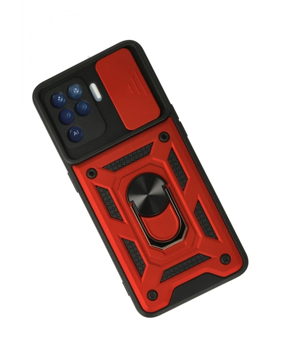 Newface Oppo Reno 5 Lite Kılıf Pars Lens Yüzüklü Silikon - Kırmızı