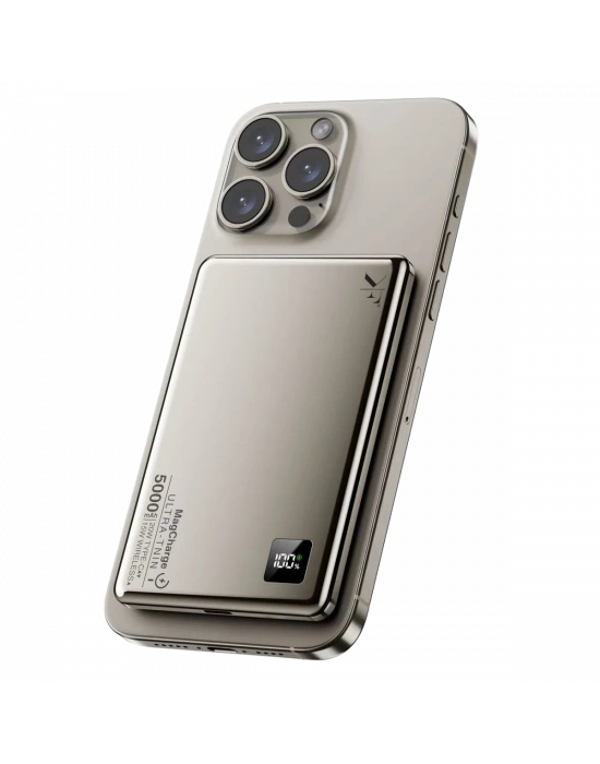 Newface PW555 5.000 mAh Dijital Göstergeli 18W Type-C ve 15W Kablosuz Şarj PD Hızlı Şarj Magsafe Powerbank - Titanyum