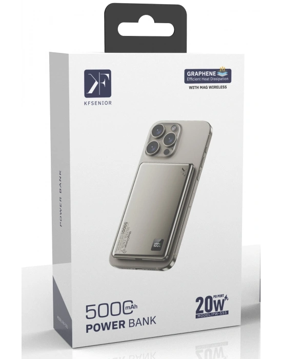 Newface PW555 5.000 mAh Dijital Göstergeli 18W Type-C ve 15W Kablosuz Şarj PD Hızlı Şarj Magsafe Powerbank - Titanyum