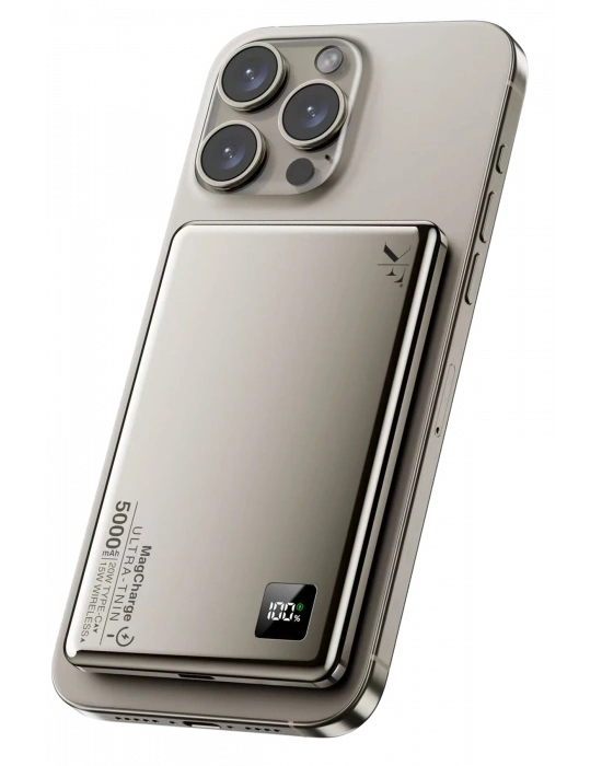 Newface PW555 5.000 mAh Dijital Göstergeli 18W Type-C ve 15W Kablosuz Şarj PD Hızlı Şarj Magsafe Powerbank - Titanyum