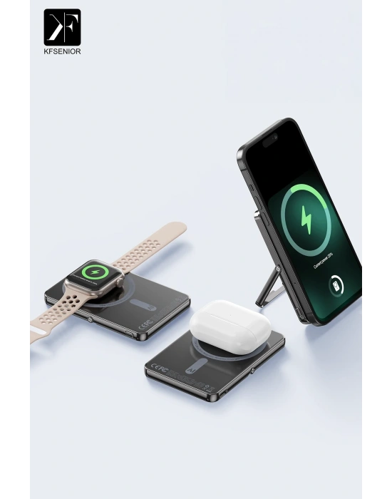 Newface PW580 5.000 mAh 20W Type-C 15W Kablosuz Şarj 3W Saat Şarj ve 5W Kulaklık Şarj Destekli PD Hızlı Şarj Magsafe Powerbank - Titanyum