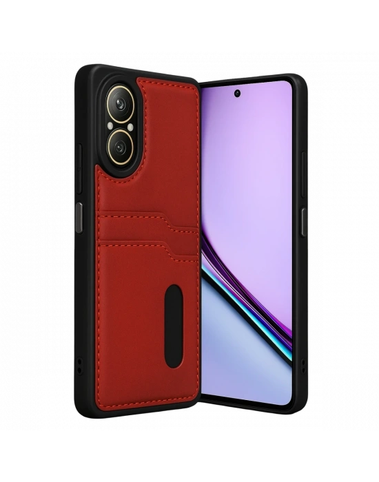 Newface Realme 12 Lite Kılıf Sara Kartvizitli Deri Kılıf - Kırmızı