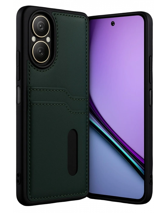 Newface Realme 12 Lite Kılıf Sara Kartvizitli Deri Kılıf - Koyu Yeşil