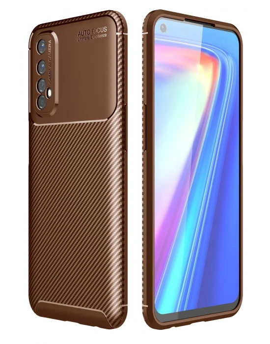 Newface Realme 7 Kılıf Auto Focus Karbon Kapak - Kahverengi