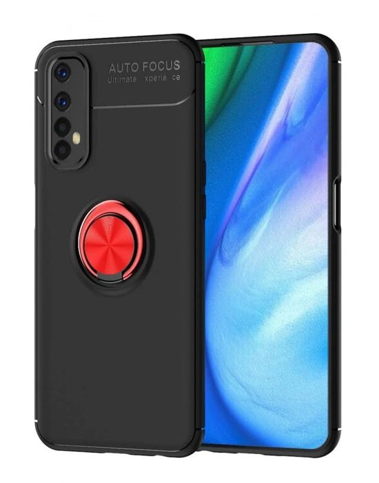 Newface Realme 7 Kılıf Range Yüzüklü Silikon - Siyah-Kırmızı