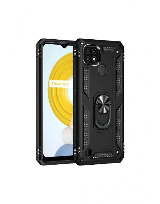 Newface Realme C21 Kılıf Sofya Yüzüklü Silikon Kapak - Siyah