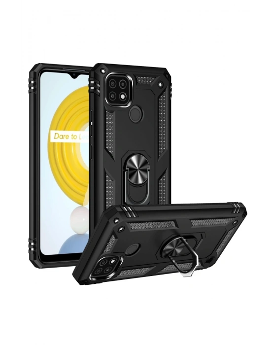 Newface Realme C21 Kılıf Sofya Yüzüklü Silikon Kapak - Siyah