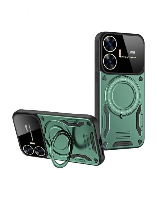 Newface Realme C55 Kılıf Joy Lens Standlı Kapak - Koyu Yeşil