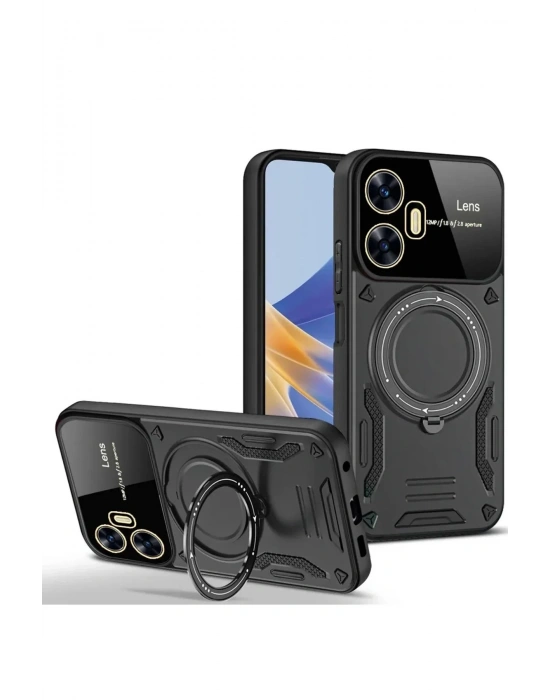 Newface Realme C55 Kılıf Joy Lens Standlı Kapak - Siyah