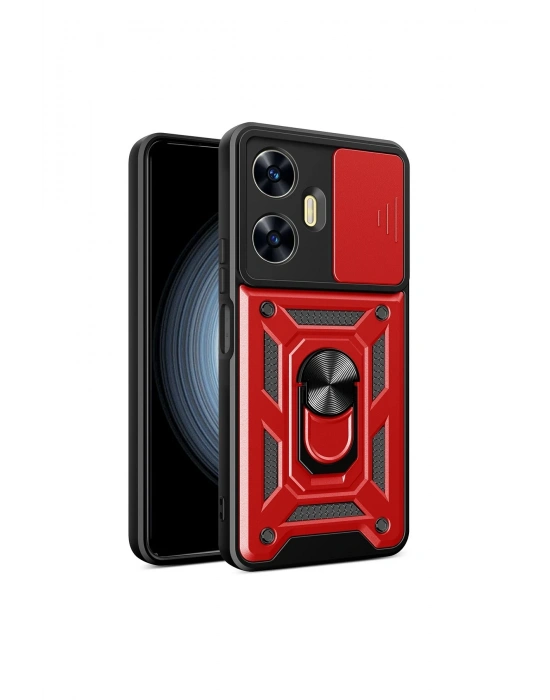 Newface Realme C55 Kılıf Pars Lens Yüzüklü Silikon - Kırmızı