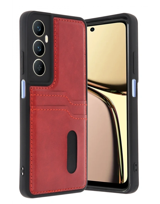Newface Realme C65 Sara Kartvizitli Deri Kılıf - Kırmızı