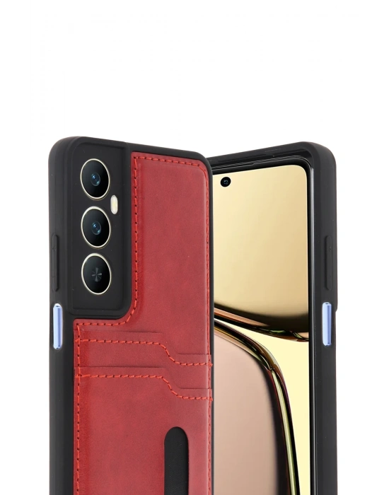 Newface Realme C65 Sara Kartvizitli Deri Kılıf - Kırmızı