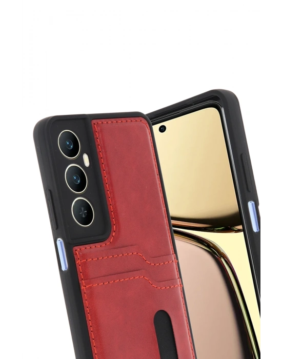 Newface Realme C65 Sara Kartvizitli Deri Kılıf - Kırmızı