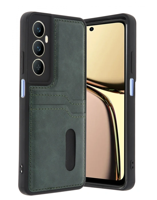 Newface Realme C65 Sara Kartvizitli Deri Kılıf - Yeşil